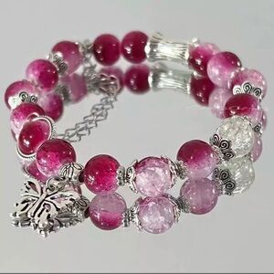 Pink Agate Glass Beaded Charm Bracelet with Silver Butterfly